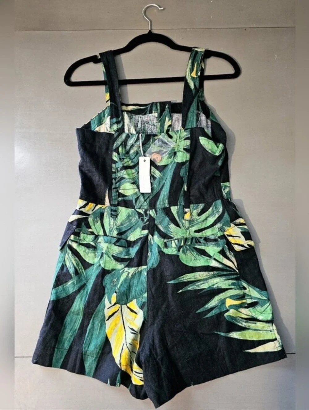 VICI Olivaceous Costa Tropical Print Romper NWT Small Black Green Leaf Print - Picture 5 of 9